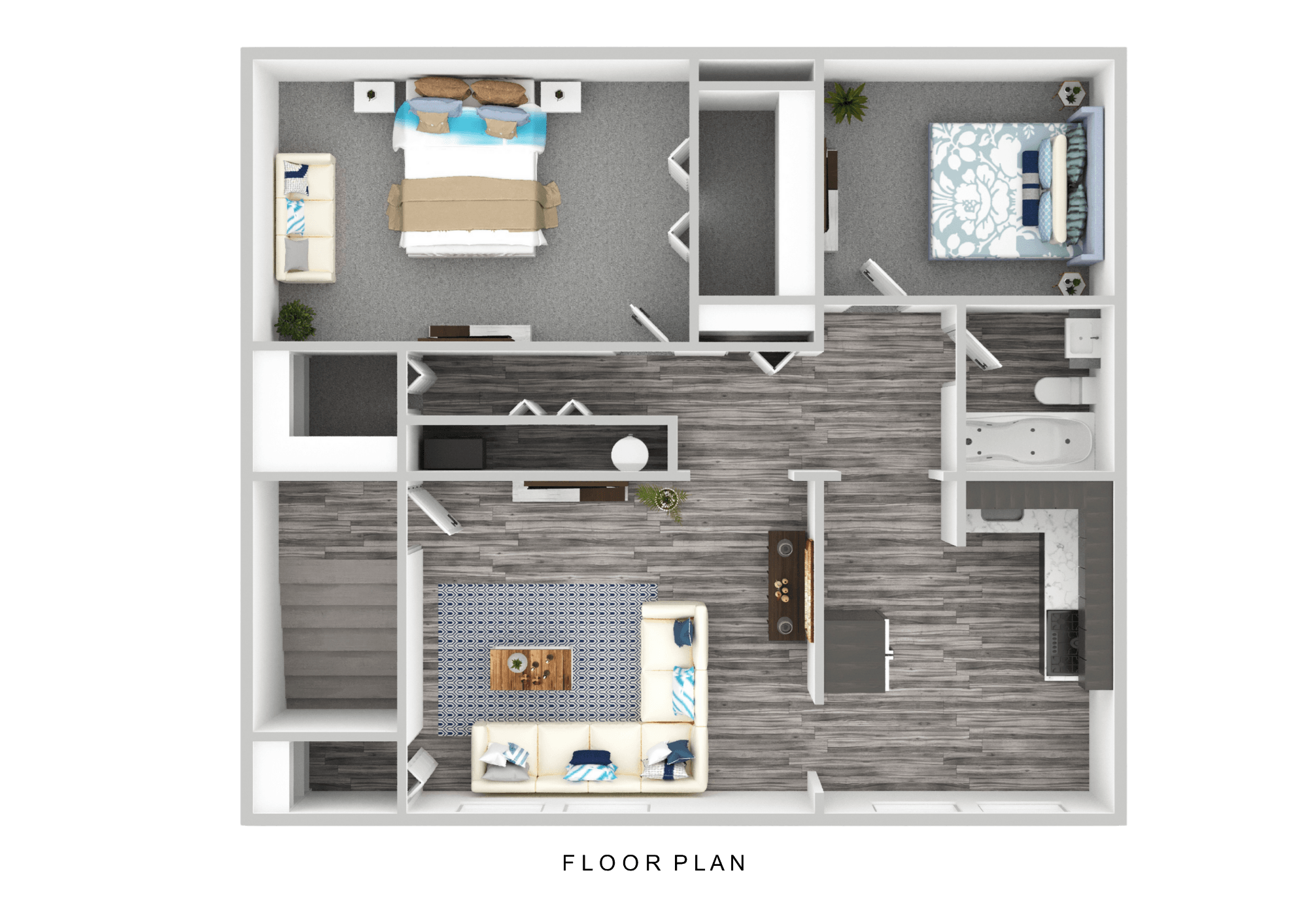 A floor plan of a house with a living room, kitchen, and two bedrooms.